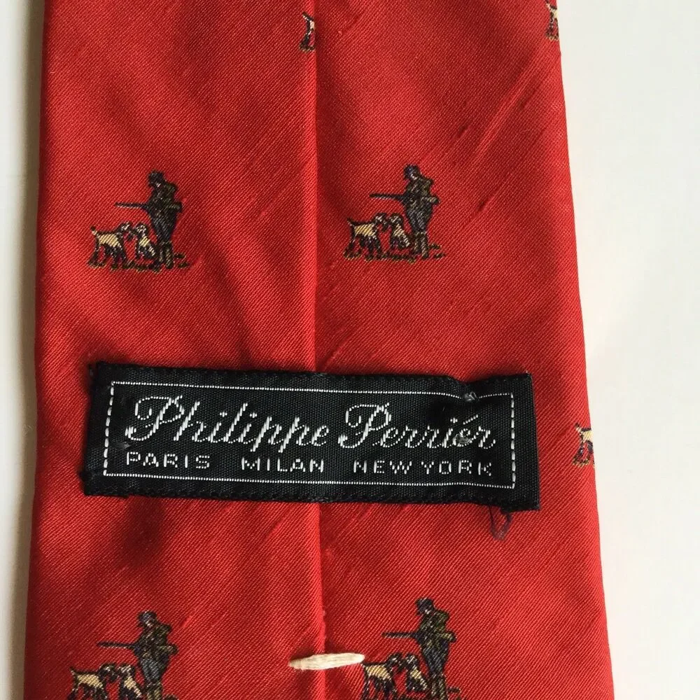 Philippe Perrier Red Hunting Novelty Neck Tie Print All Silk Mens Vintage